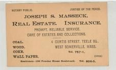 Joseph S. Masseck - Real Estate Insurance - Front, Perkins Collection 1850 to 1900 Advertising Cards